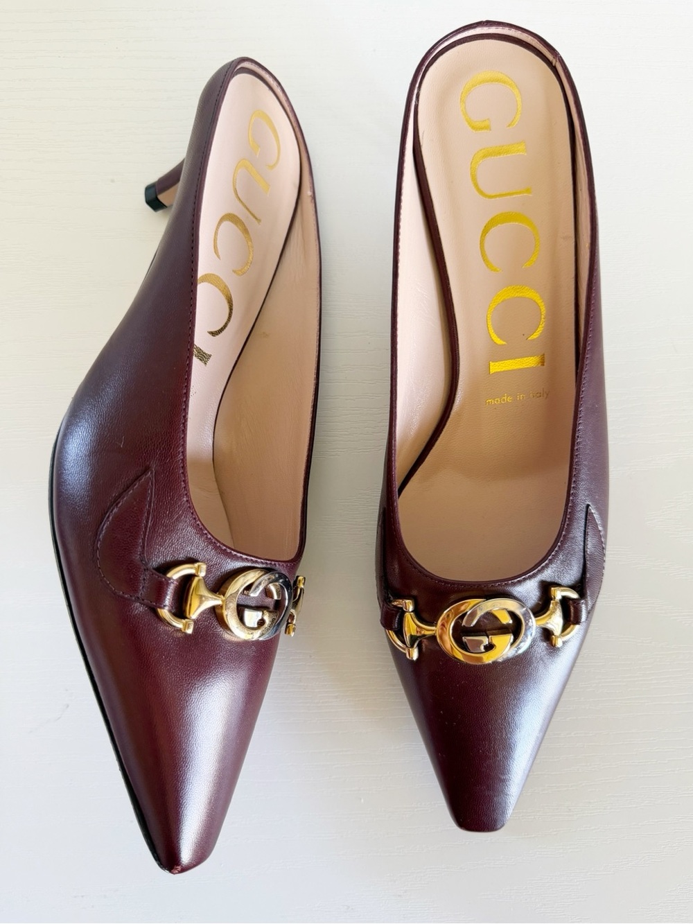 Gucci Zumi Interlocking G Horsebit Mule Heels Burgundy Leather EU 39 US 9